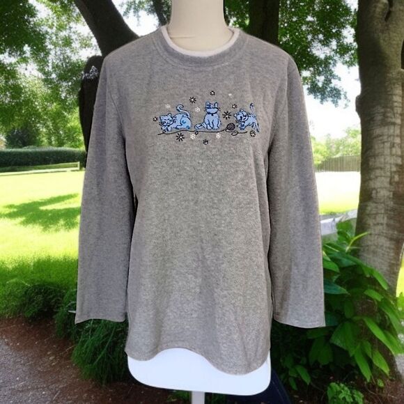 Vintage 80s Cat Lady Fleece Top M Sweatshirt Pullover Granny Kittens Playing 90s - Picture 11 of 16